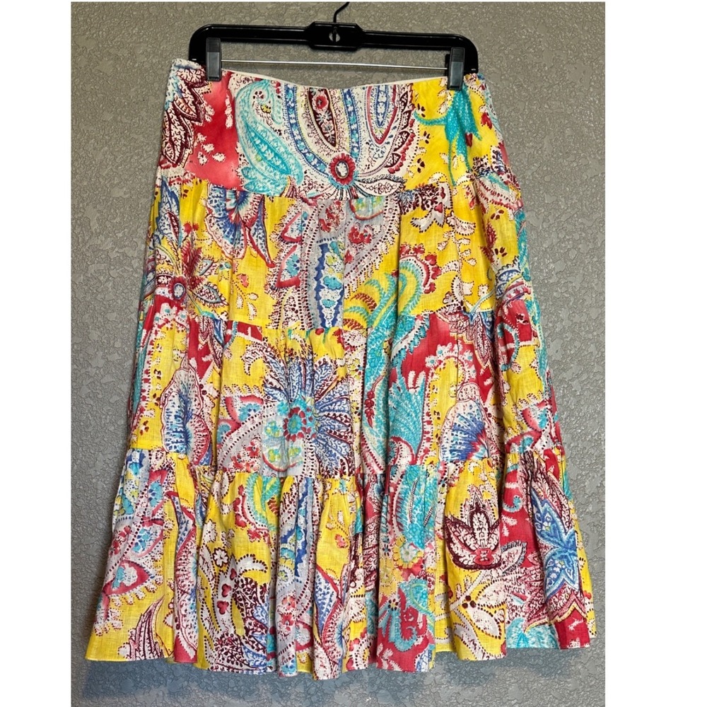 Lauren Ralph Lauren Colorful Paisley Linen Tiered Midi Skirt PM Cottagecore